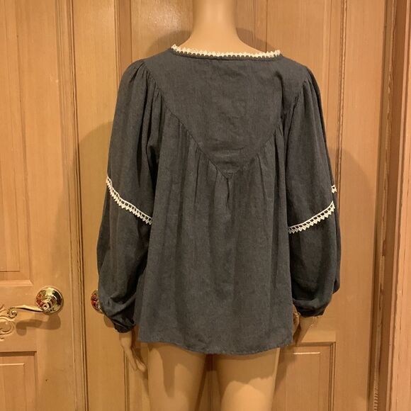 Zara Basic Boho dark gray lace embroidered detail blouse top Sz S - Picture 5 of 6